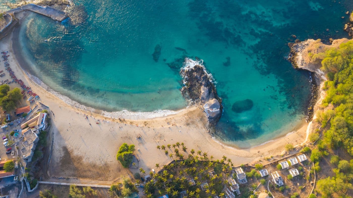 Aerial view of Tarrafal beach in Santiago island in Cape Verde.
