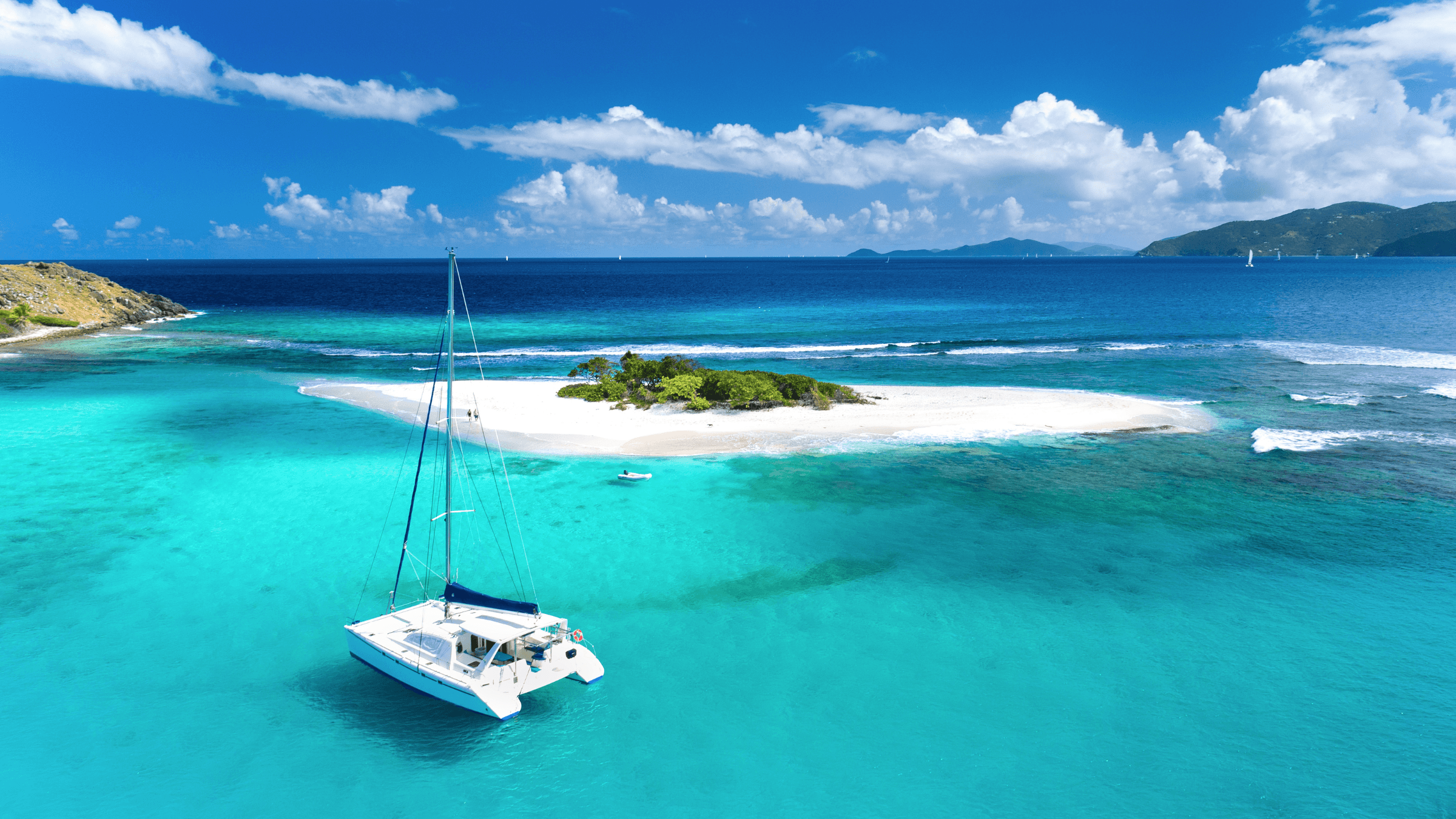 Aerial view of Catamaran at Sandy Spit, British Virgin Islands