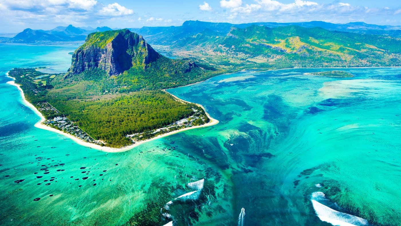Aerial view of Mauritius island reef.